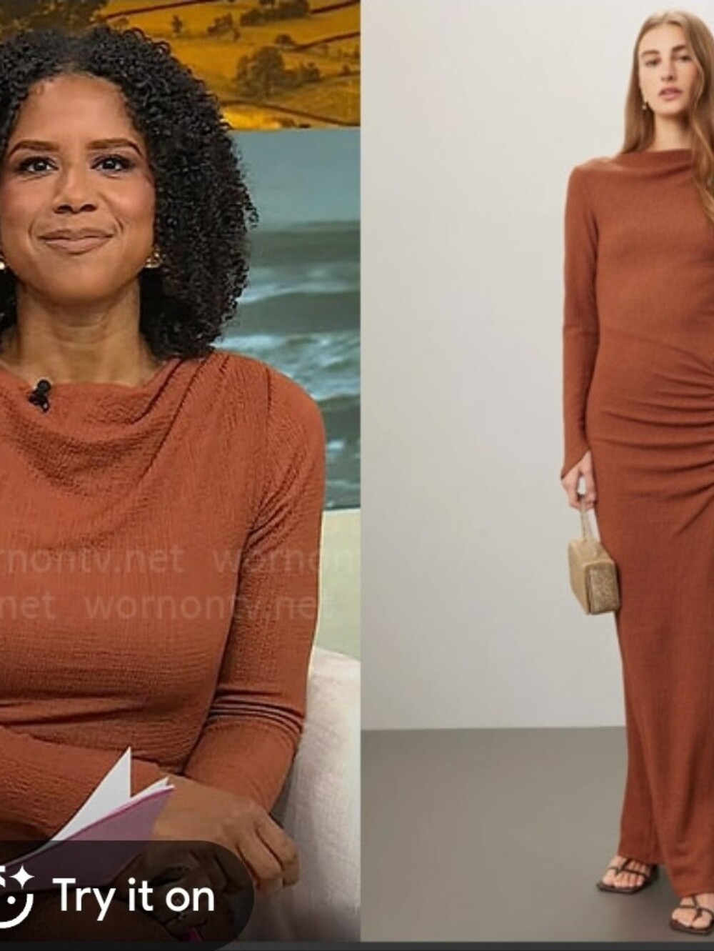 Long-Sleeve Ruched Midi Dress in Cognac